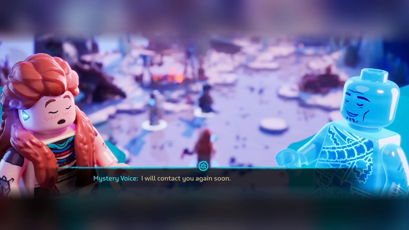 Aloy closes her eyes as a glowing blue hologram minifigure tells her “I will contact you again soon” above a snowy village