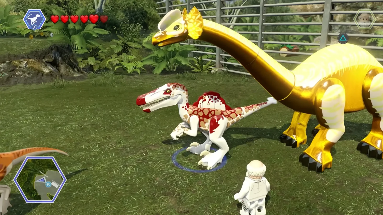 LEGO dinosaurs confront characters inside a park enclosure.