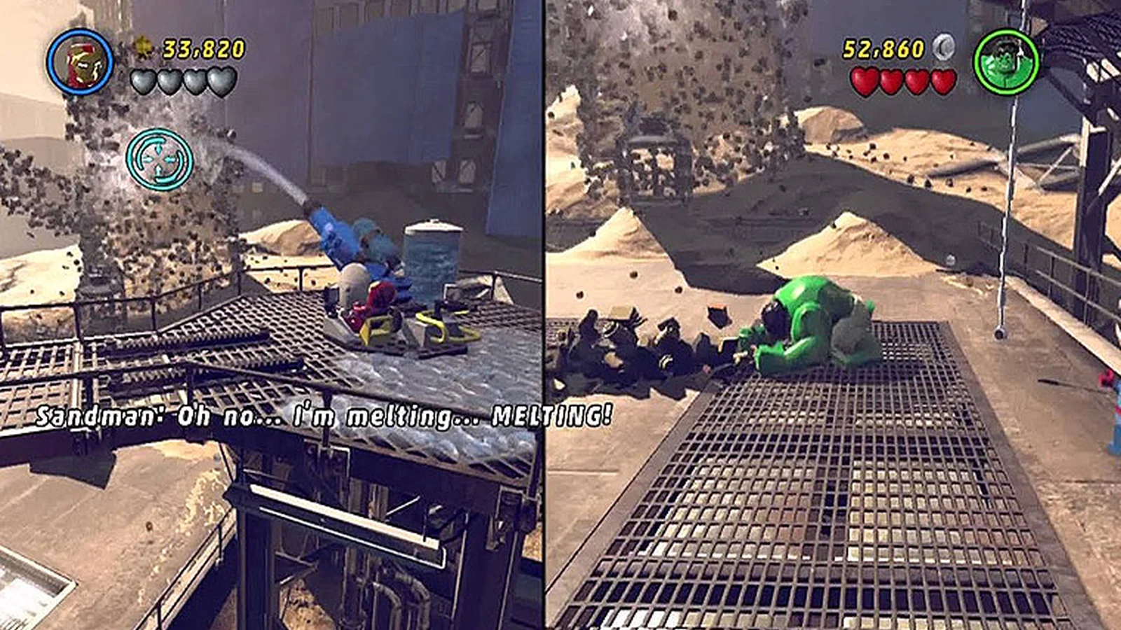 LEGO Marvel Super Heroes split-screen as Hulk and Iron Man take down Sandman on a rooftop