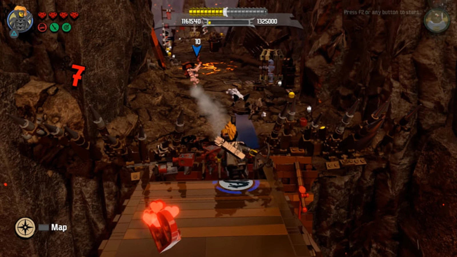 A ninja crosses a wooden bridge through a rocky lava canyon as enemies attack from the cliffs