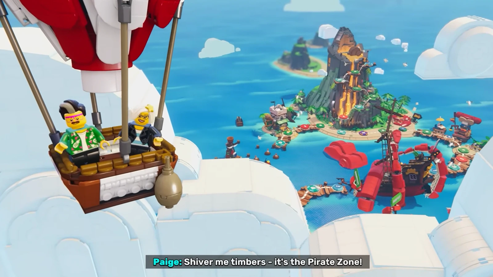 Two minifigures ride a hot air balloon over the clouds toward a tropical pirate island with a volcano and a giant red octopus