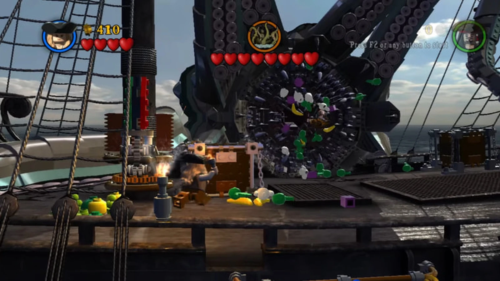 Pirates fight on a ship deck as the giant Kraken rises with its mouth wide open