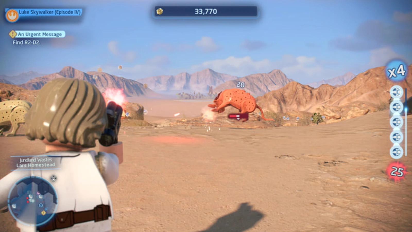 Luke Skywalker fires a blaster at a creature in the Tatooine desert near Lars Homestead