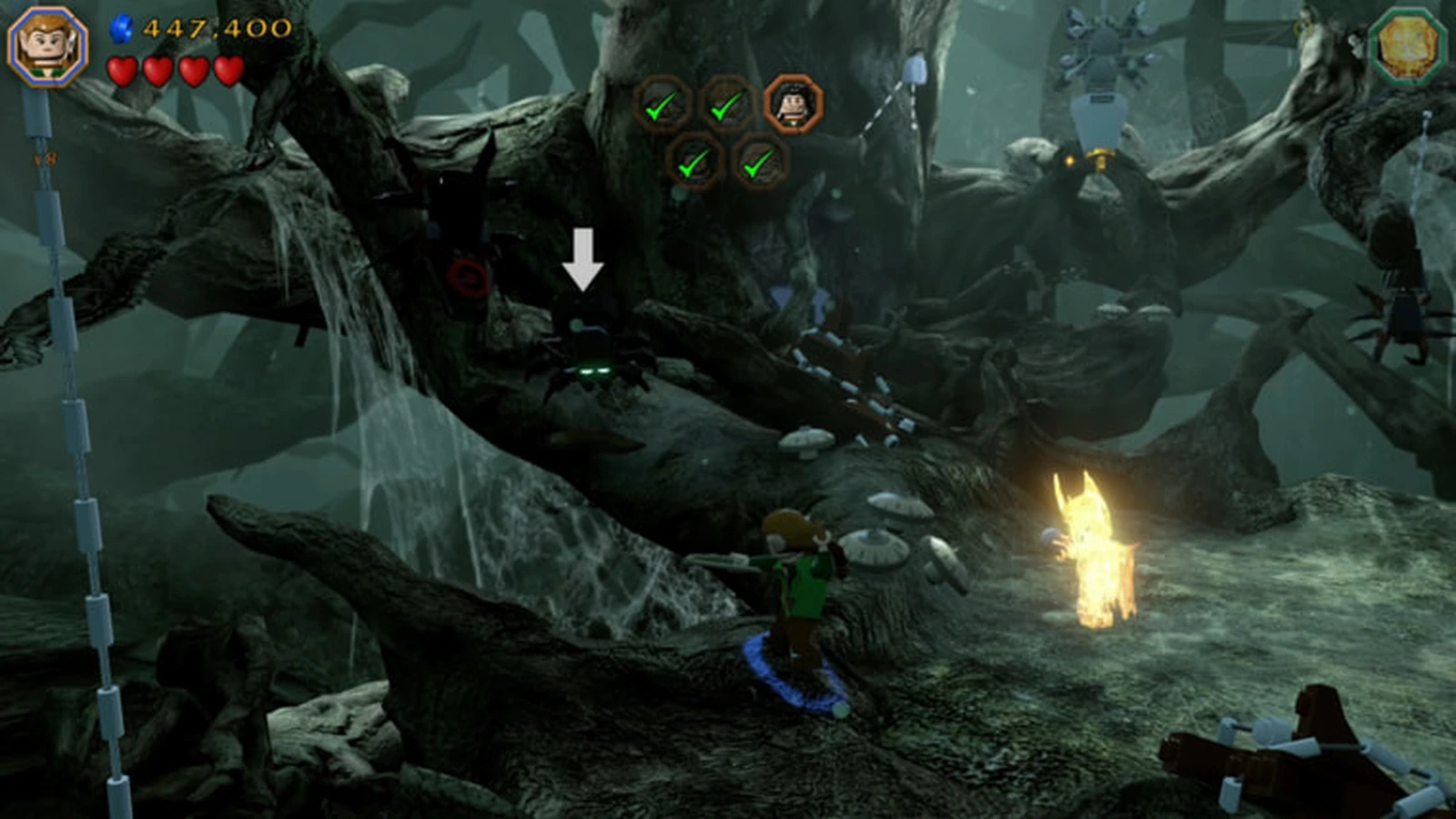 A hero explores the misty, web-covered trees of Mirkwood forest while giant spiders lurk above