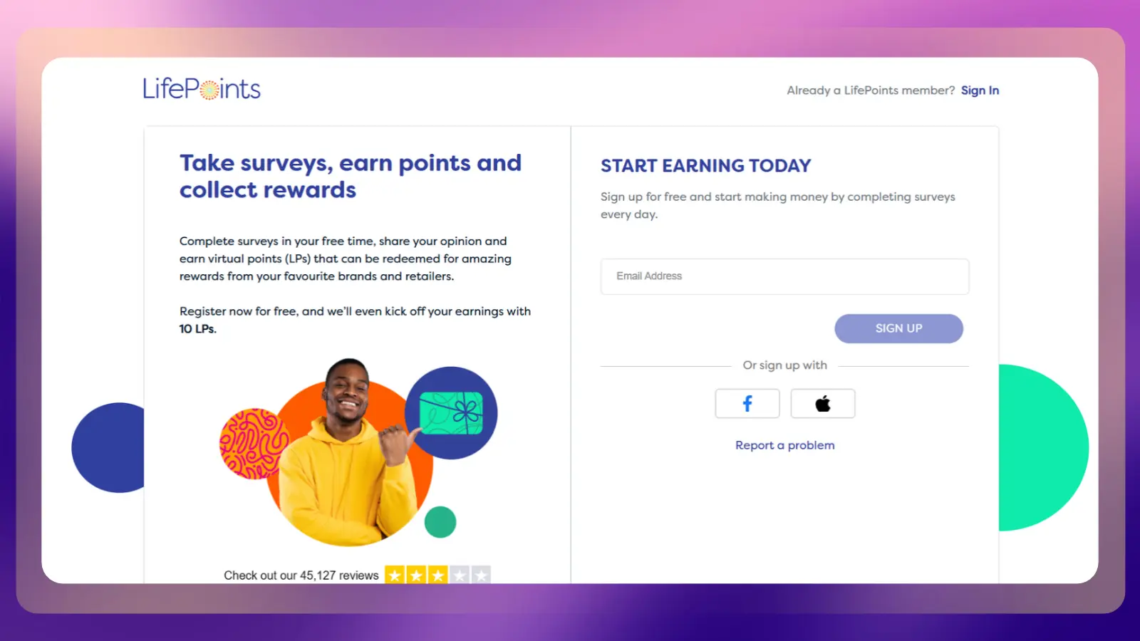 LifePoints registration page explaining how users can complete surveys, earn points, and redeem rewards