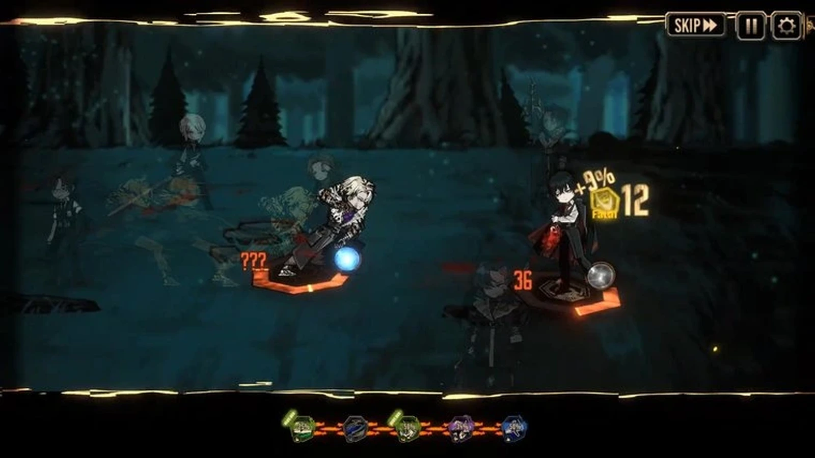 Two characters clash in a dark forest, with damage numbers above them