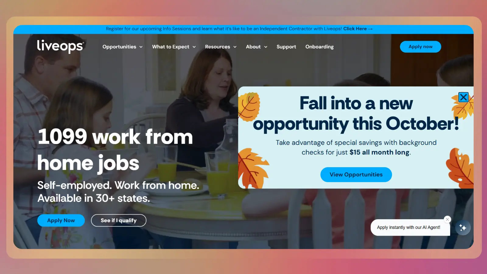 Liveops website showing 1099 work-from-home jobs