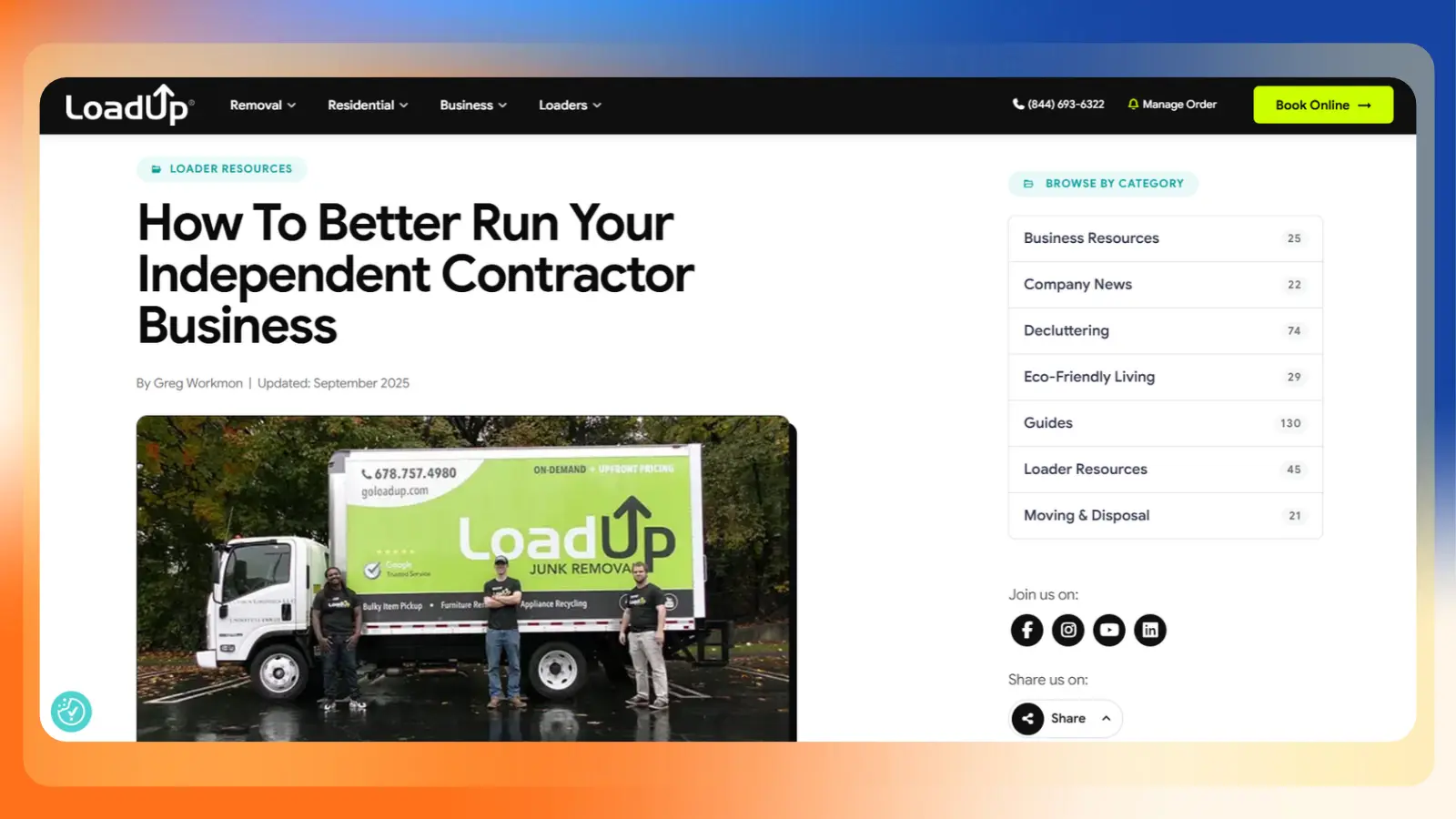 LoadUp website article titled “How To Better Run Your Independent Contractor Business,” with a photo of workers standing beside a LoadUp junk removal truck