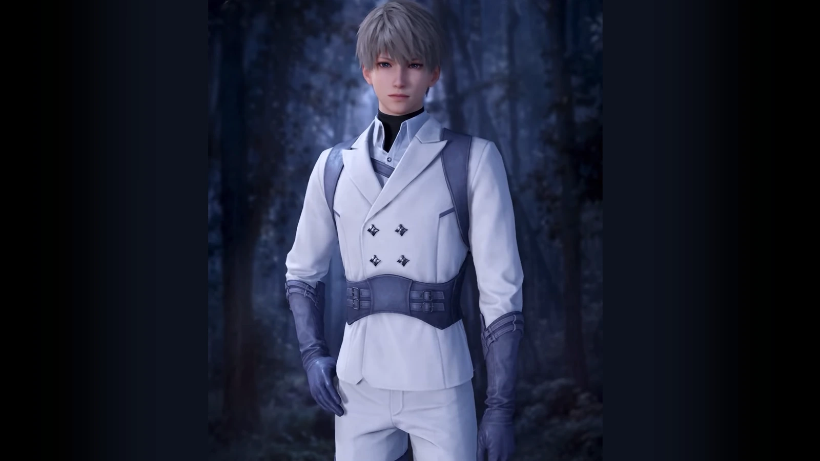 A silver-haired young man in a white double-breasted jacket and lavender leather gloves stands in a moonlit forest