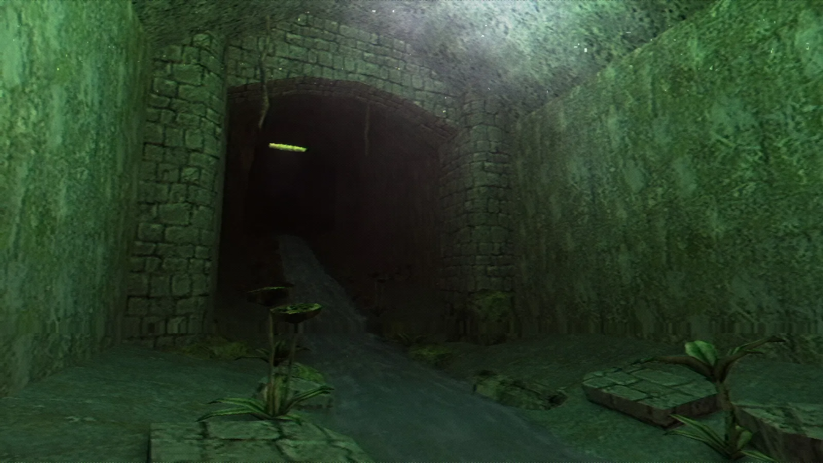 Lunacid eerie green lit tunnel entrance with glowing firefly
