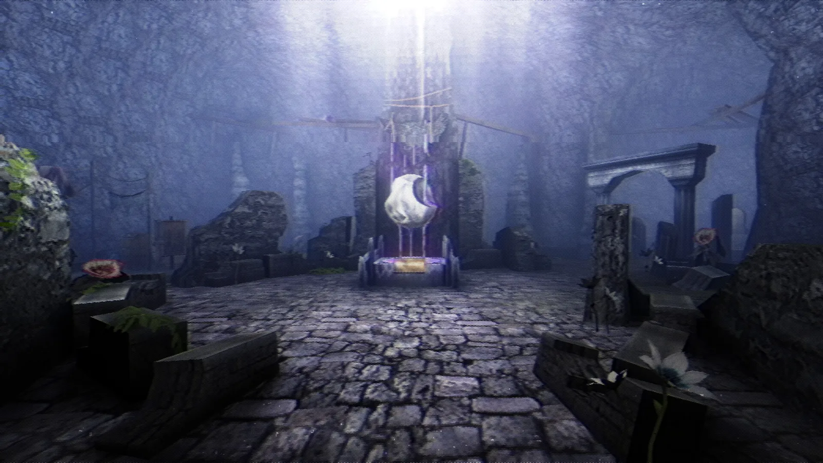 Lunacid glowing crescent moon shrine in misty stone ruins