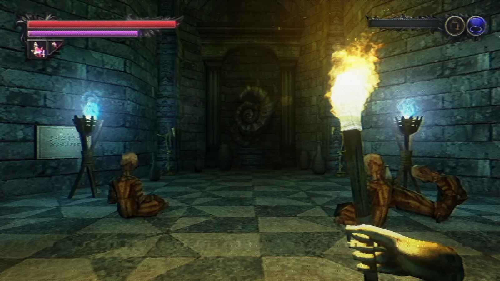 Lunacid kneeling skeleton enemies beside torches in checkered hall