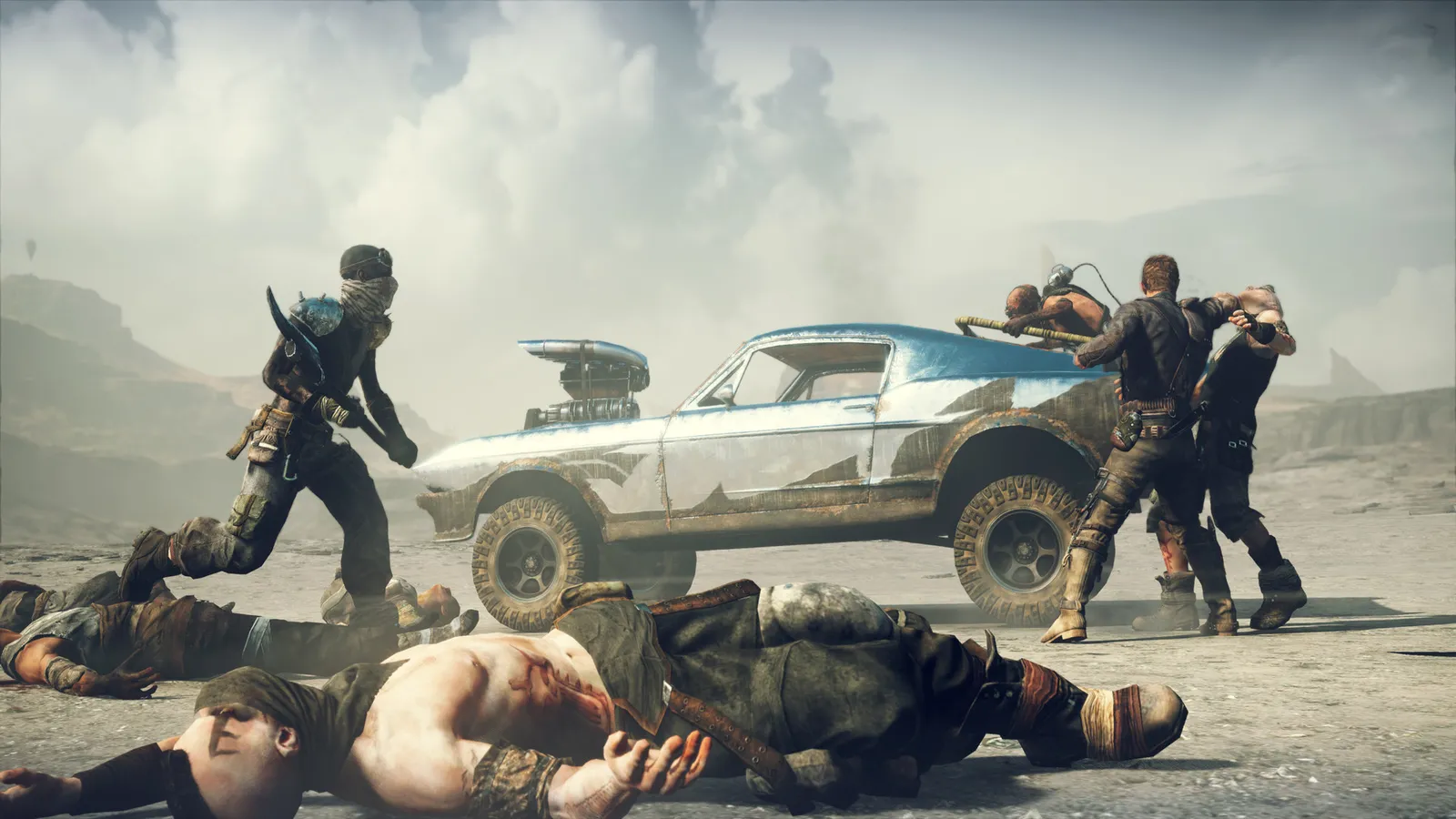 Mad Max max brawling near wasteland car with bodies on ground