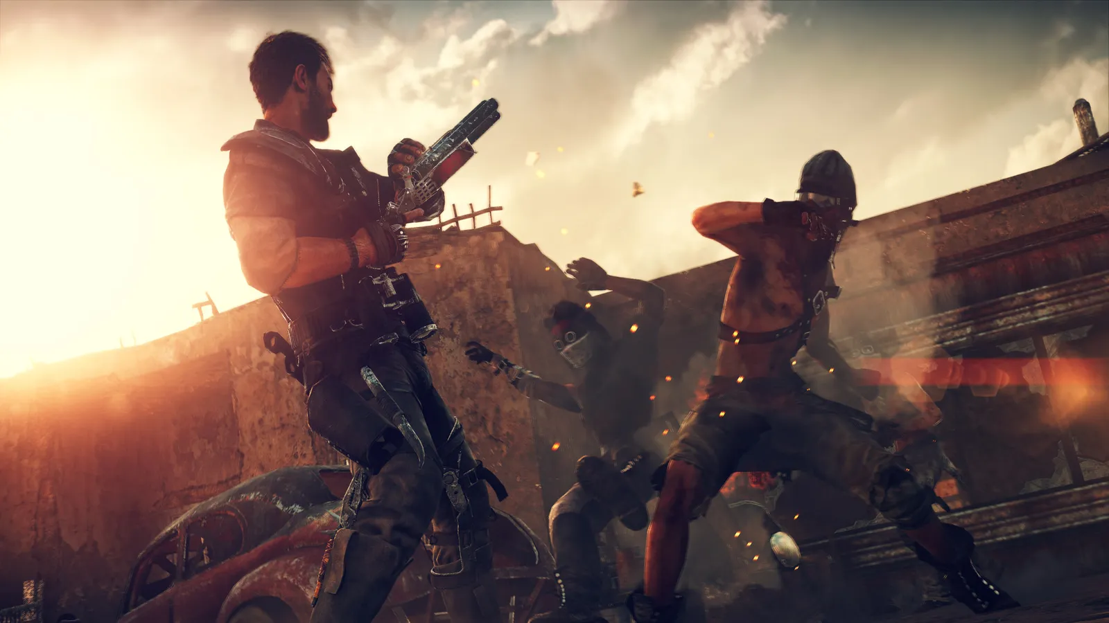 Mad Max max fighting masked raiders on rooftop at sunset