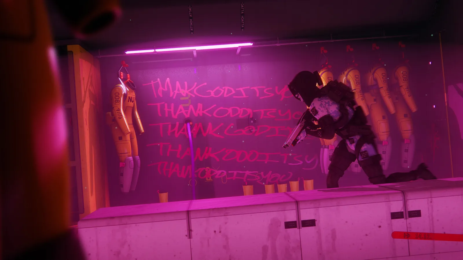 Marathon runner crouched sneaking past hanging spacesuits graffiti wall