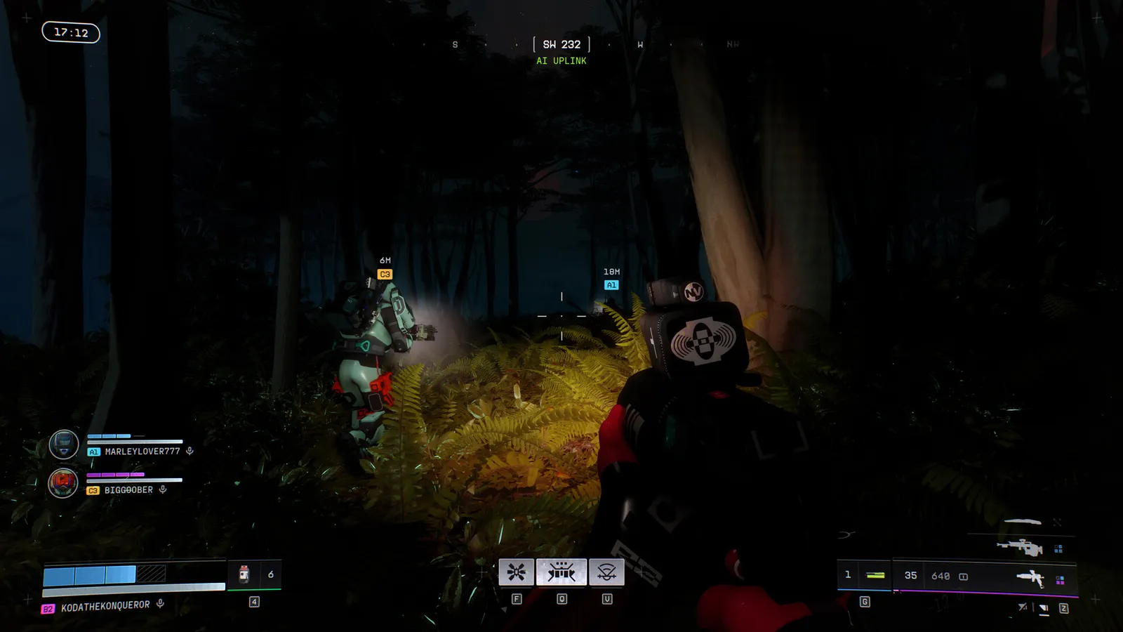 Marathon squad aiming at enemy runner in dark forest at night