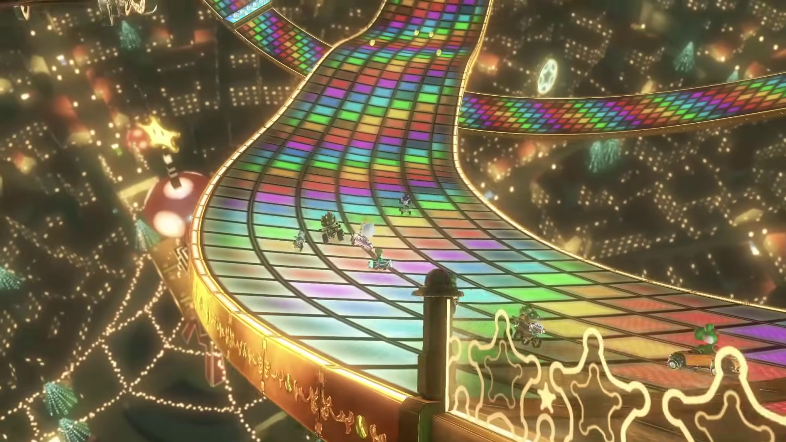 Mario Kart 8 Deluxe aerial view of rainbow road track at night
