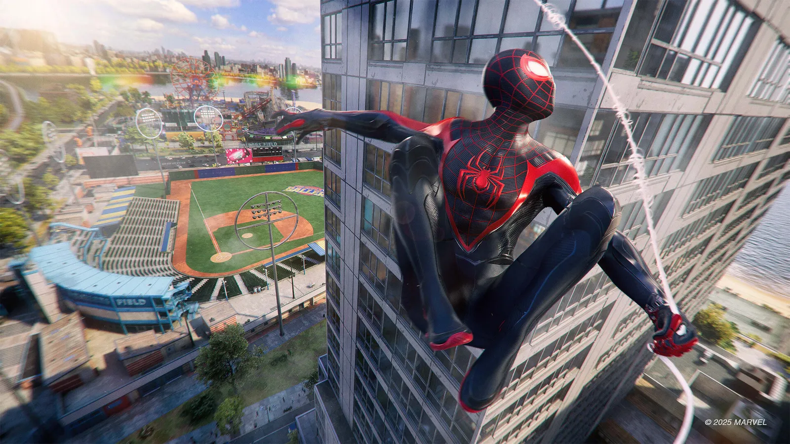 Marvel's Spider-Man 2 marvel s spider man miles morales swinging over baseball stadium