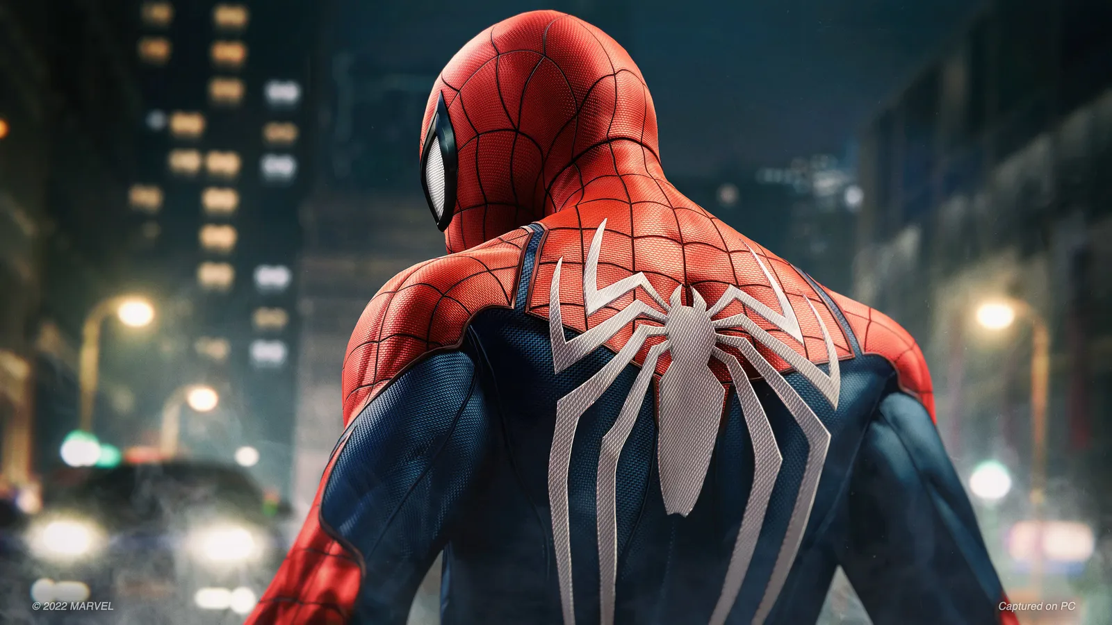 Marvel's Spider-Man Remastered marvel s spider man remastered spider man back view spider emblem at night