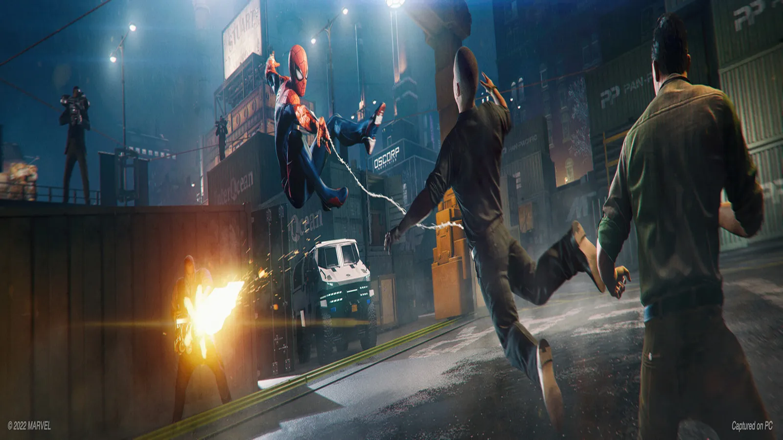 Marvel's Spider-Man Remastered marvel s spider man remastered spider man swinging between shipping containers at night