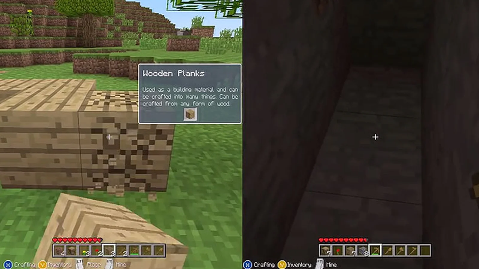 Minecraft split-screen as one player crafts wooden planks while the other digs underground