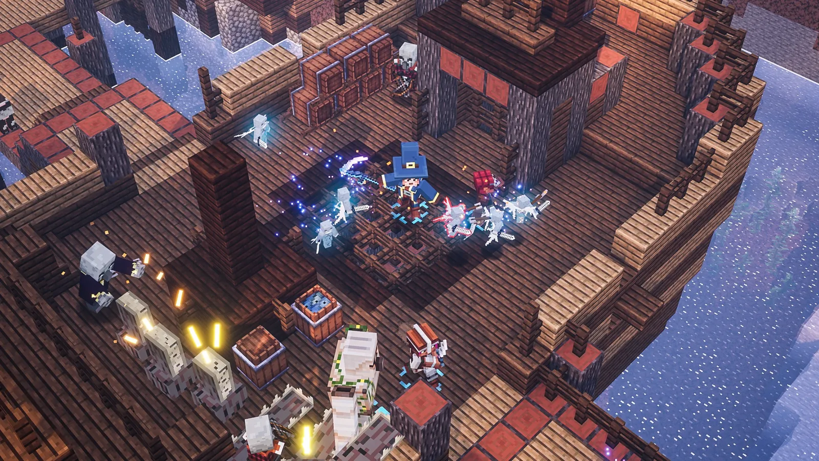 Minecraft Dungeons Ultimate Edition heroes fighting a swarm of skeletons on a wooden dock