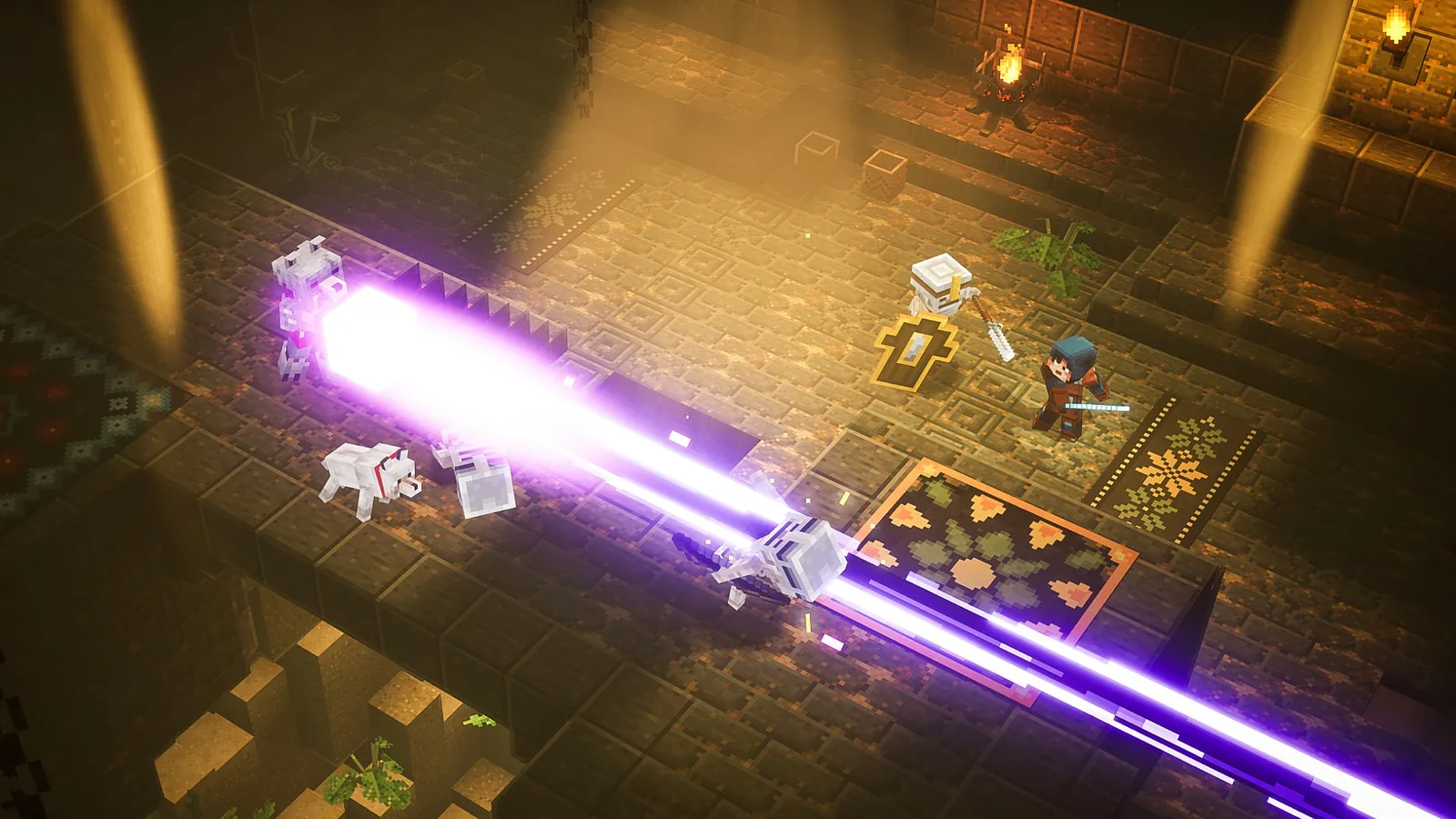 Minecraft Dungeons Ultimate Edition player firing a glowing purple laser beam weapon
