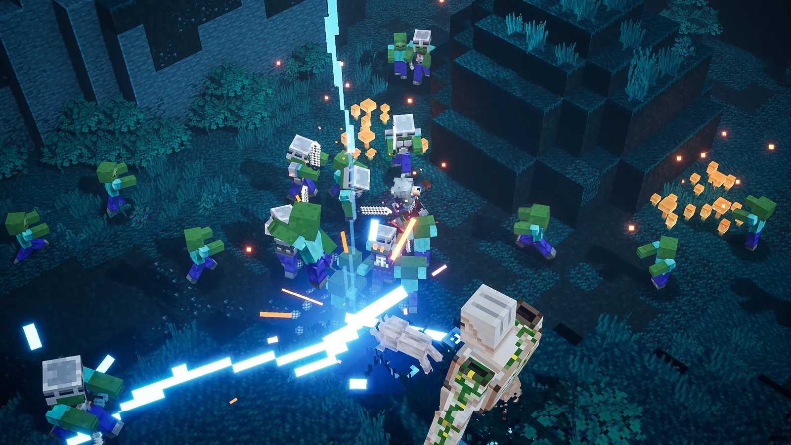 Minecraft Dungeons Ultimate Edition player surrounded by a horde of zombies at night
