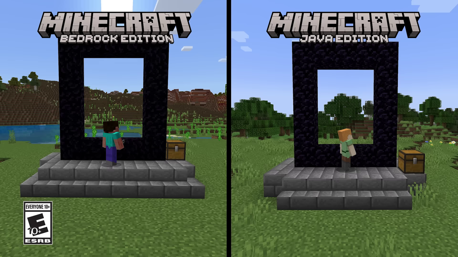Minecraft: Java & Bedrock Edition bedrock and java edition split screen nether portal comparison