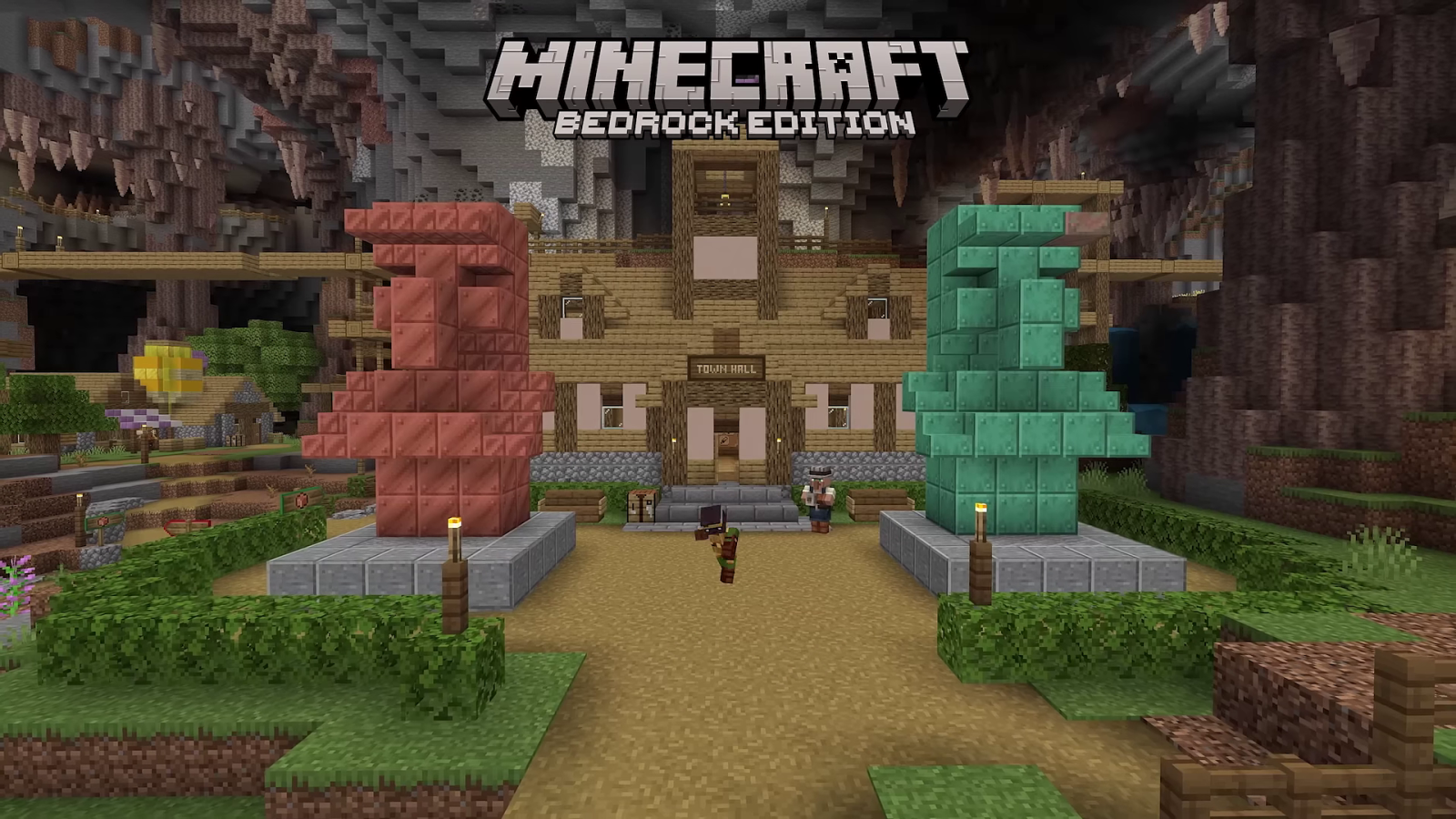 Minecraft: Java & Bedrock Edition bedrock edition cave town hall with statues