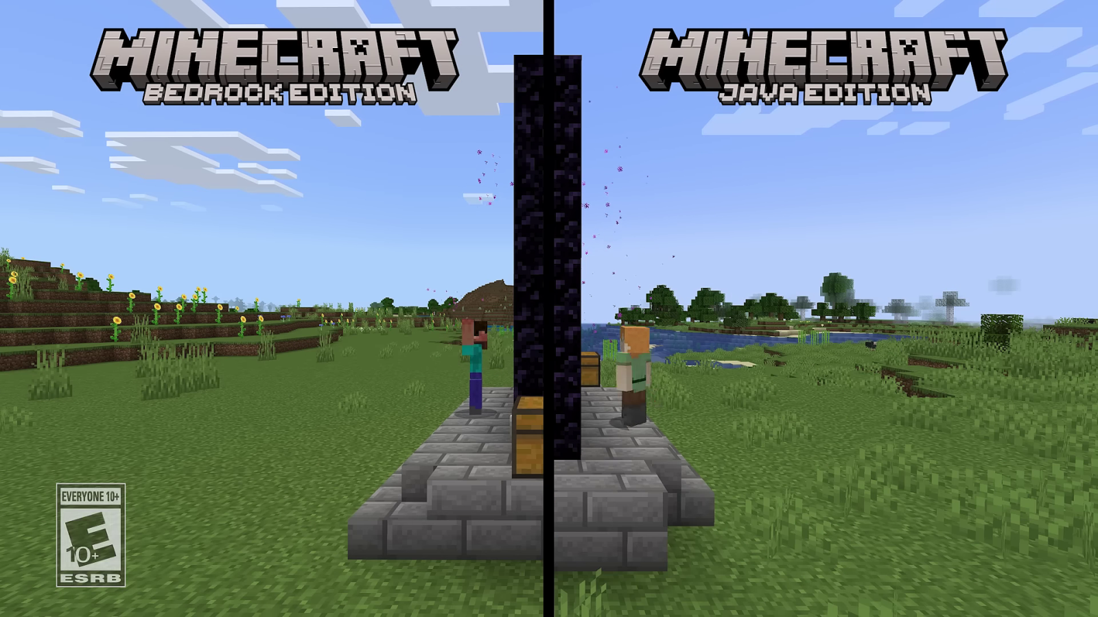 Minecraft: Java & Bedrock Edition split screen portal comparison with glowing nether particles