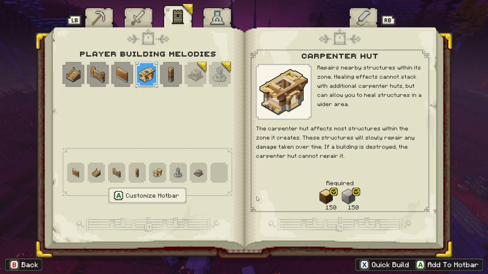 Minecraft Legends building menu showing carpenter hut structure details