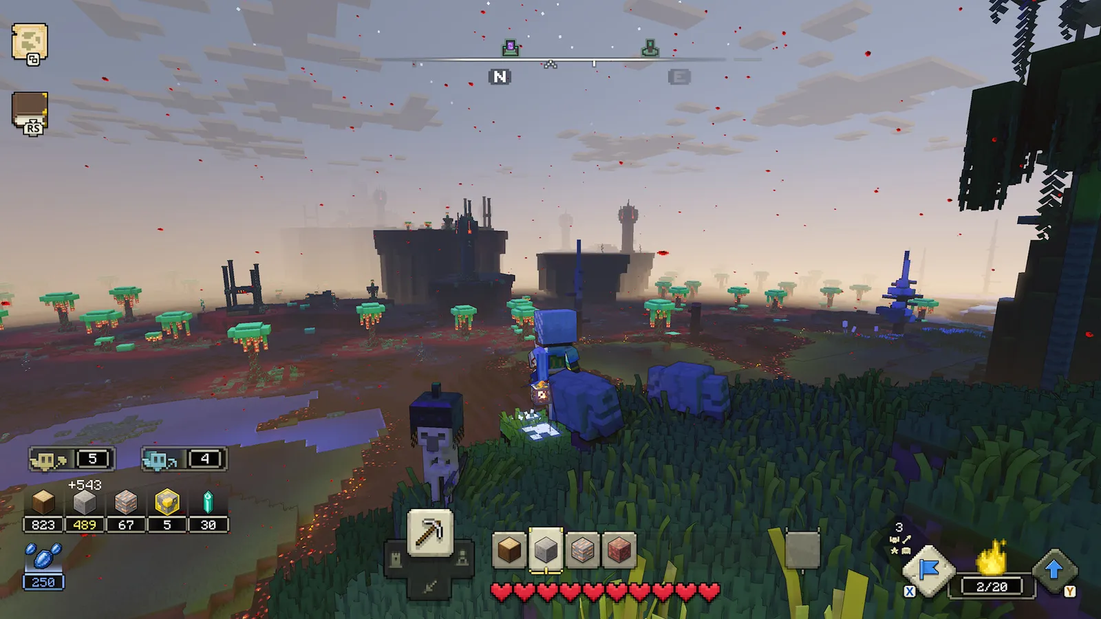 Minecraft Legends Hero and skeleton allies facing ruined blue city at dusk