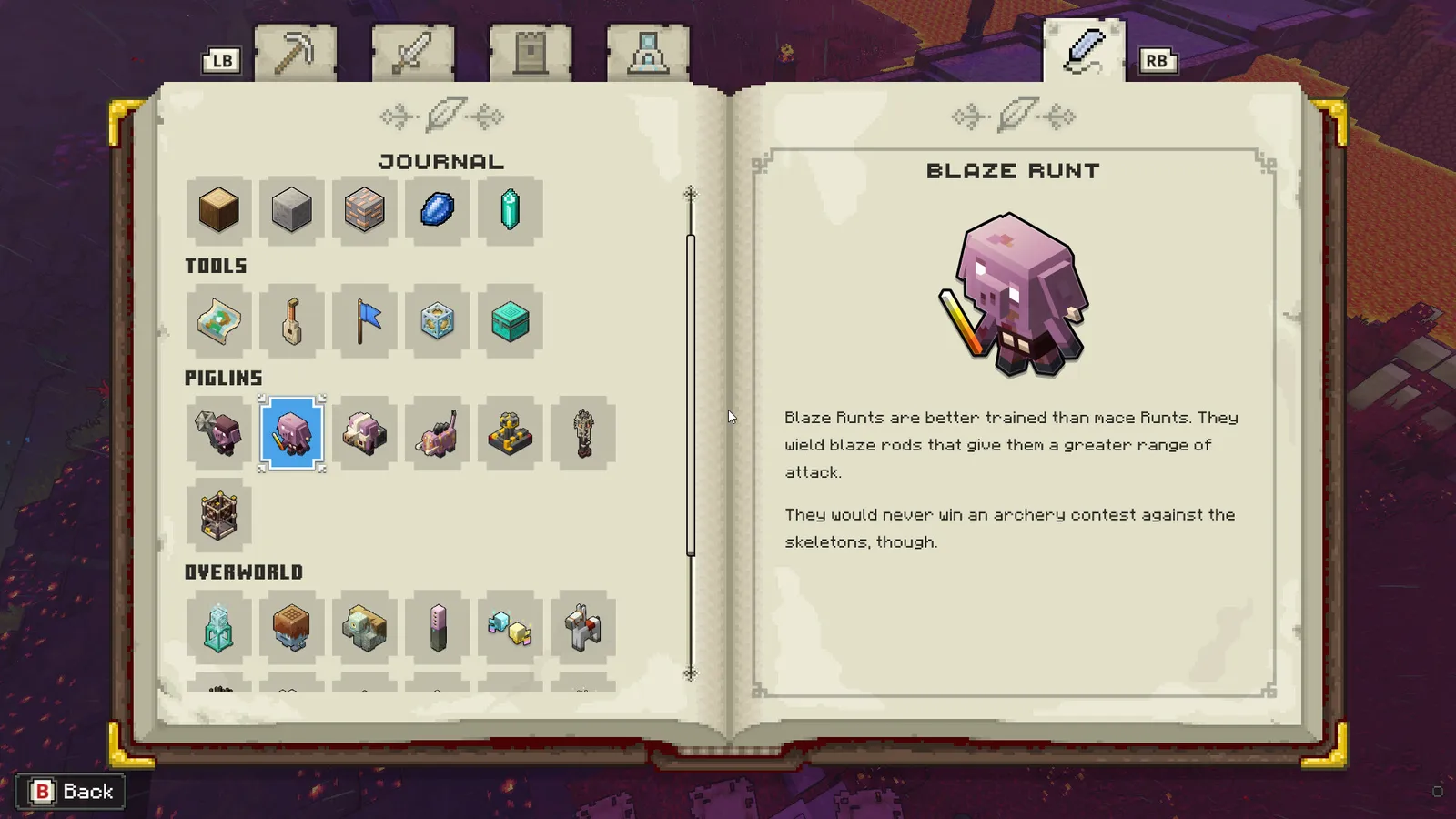 Minecraft Legends journal page describing blaze runt piglin enemy