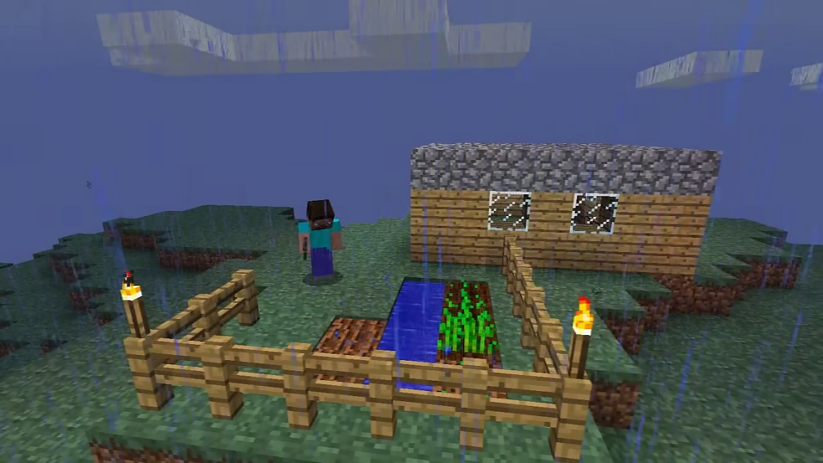 Minecraft rainy farm house with crops