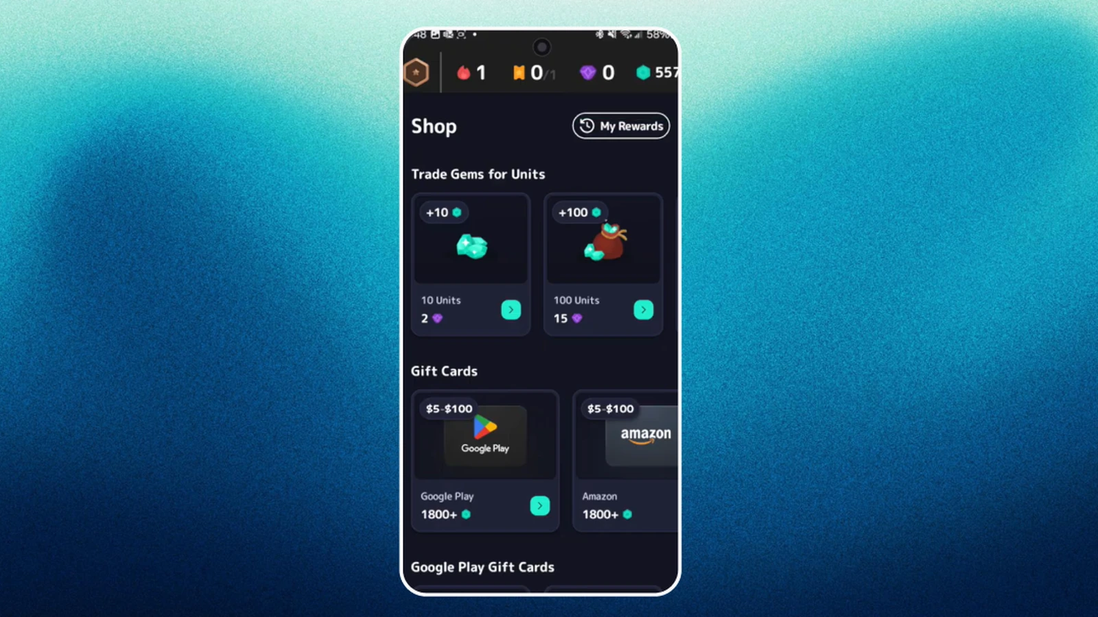 The Mistplay app shop shows options to trade gems for units and redeem Google Play and Amazon gift cards