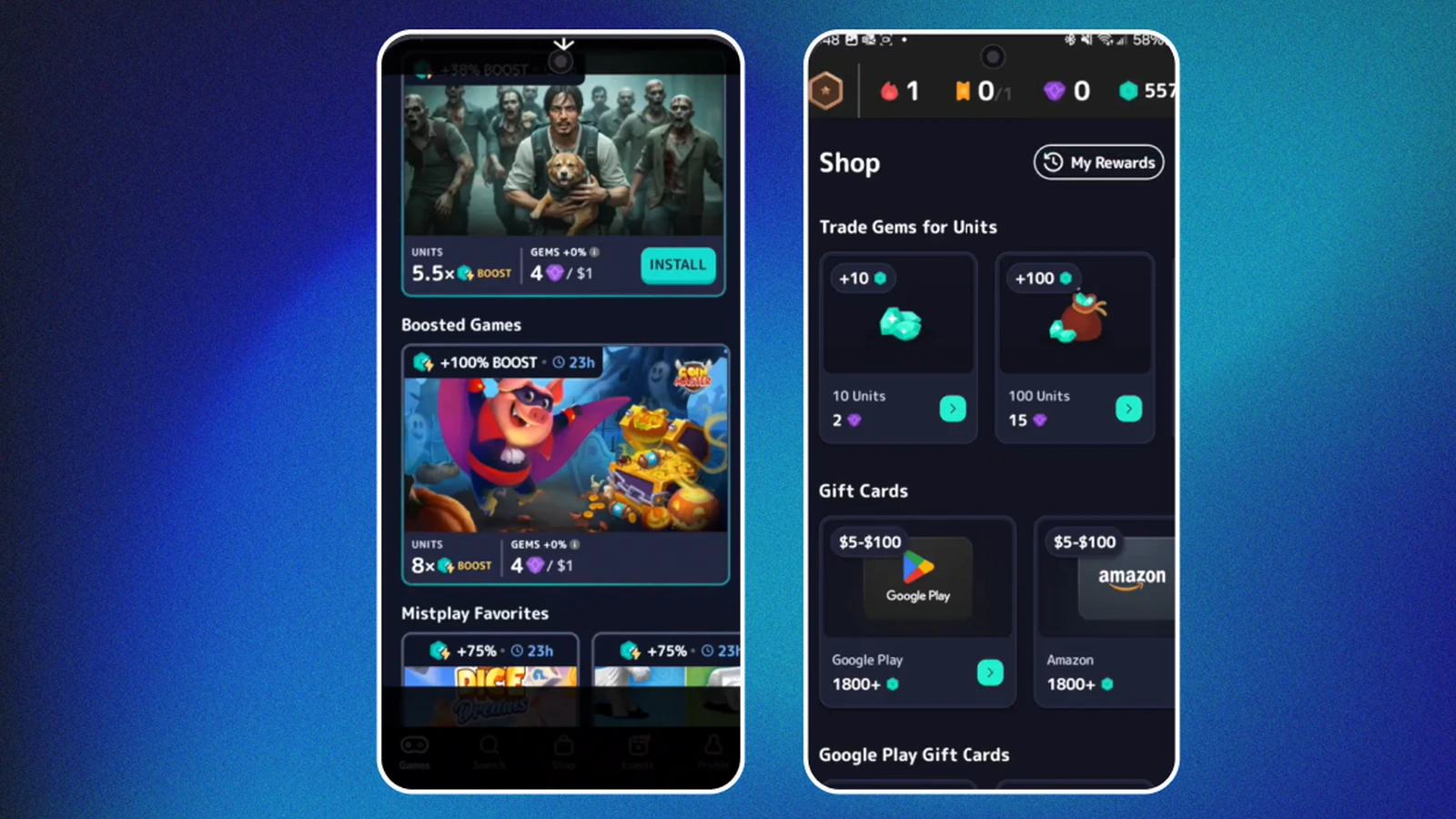 Two Mistplay app screens show boosted games that earn units and a shop where gems can be traded for Google Play and Amazon gift cards