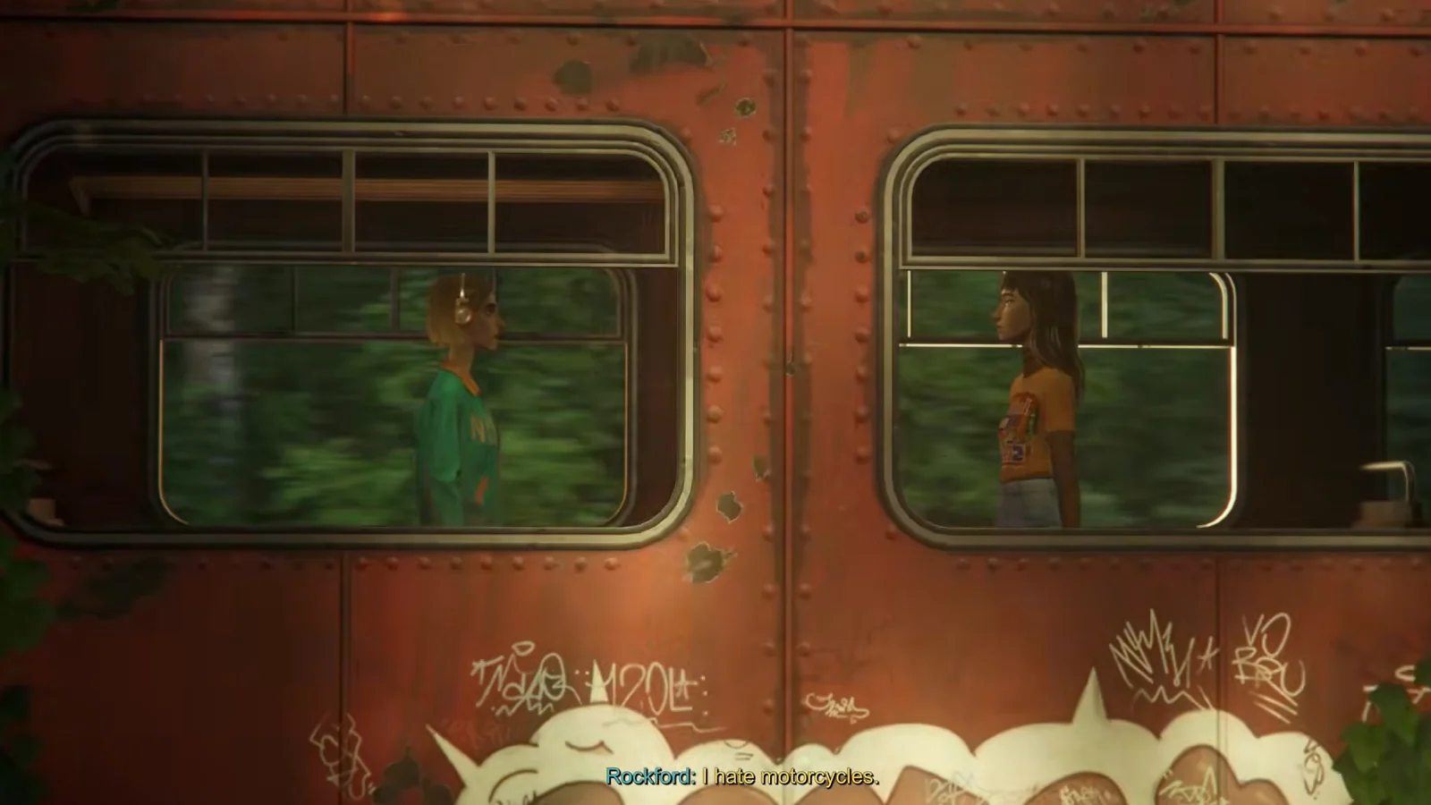 Two characters riding a train in Mixtape