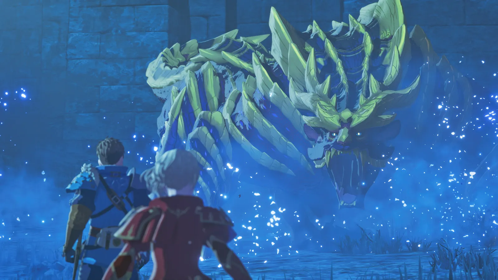 Monster Hunter Stories 3: Twisted Reflection monster hunter stories party facing towering armored monstie