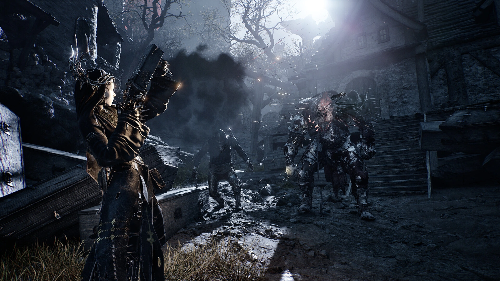 Mortal Shell II hooded mage casting spell against armored brutes at night
