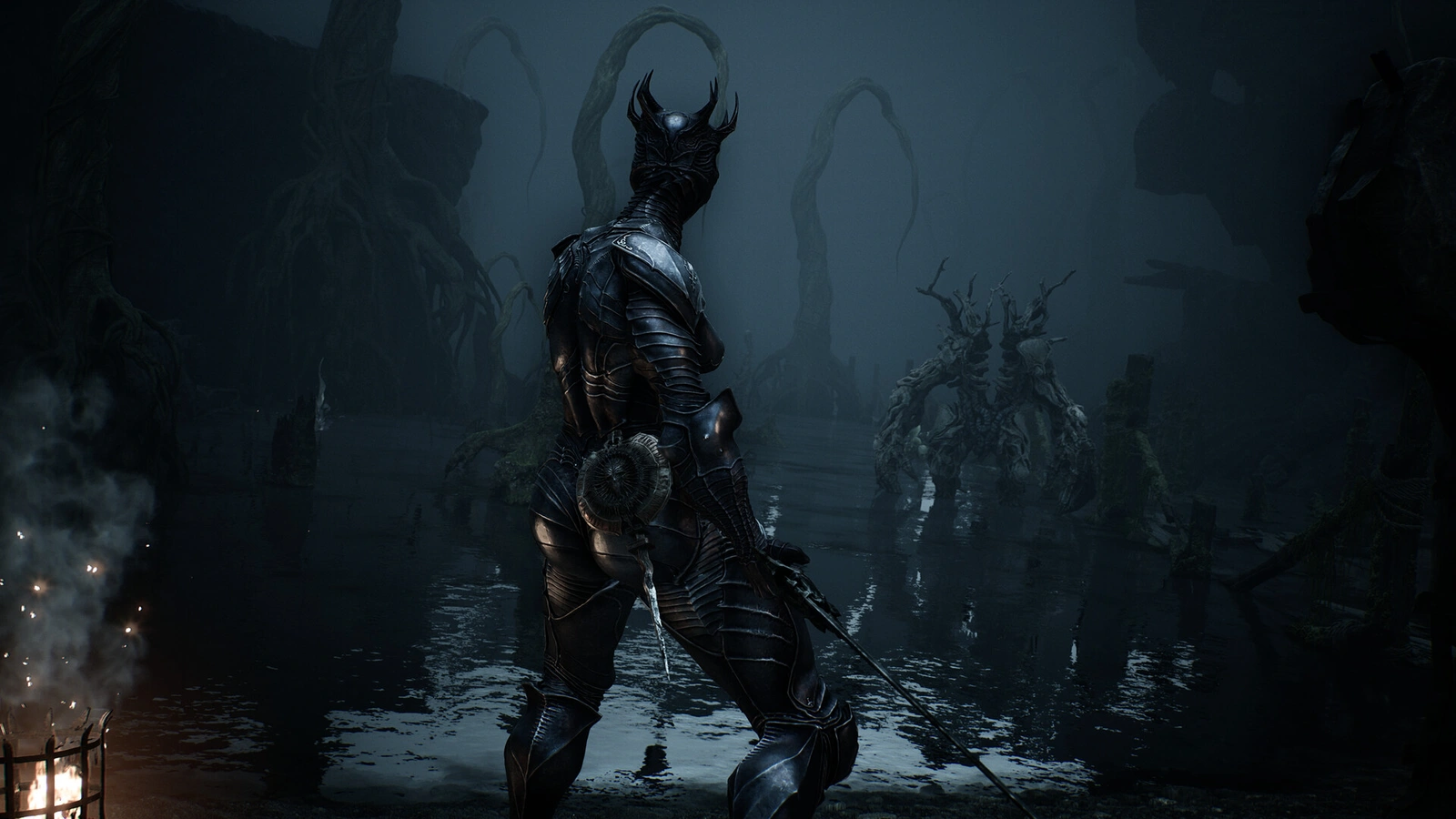 Mortal Shell II horned armored figure walking through swamp with tentacle trees