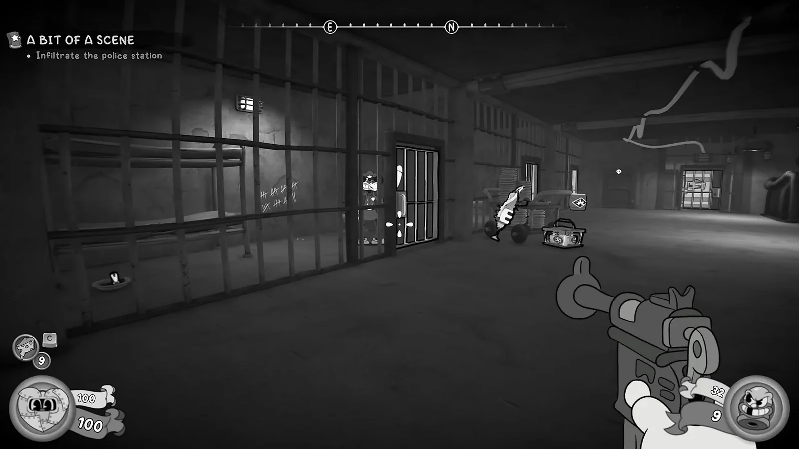 Un detective dei cartoni animati punta un'arma all'interno di un corridoio buio della prigione.
