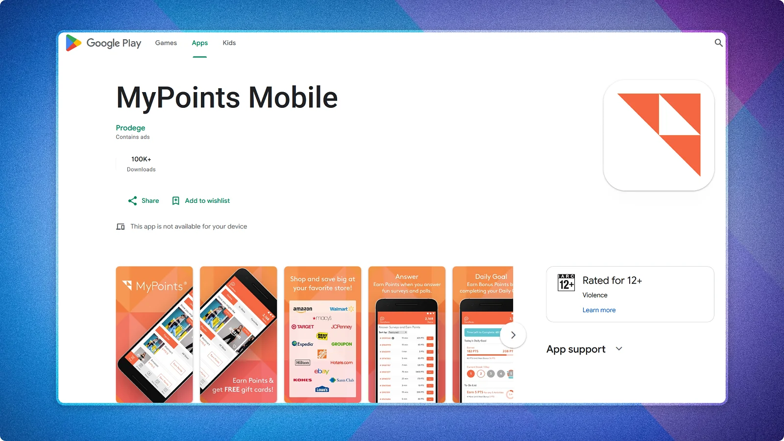 MyPoints Mobile app page featuring gift card rewards.