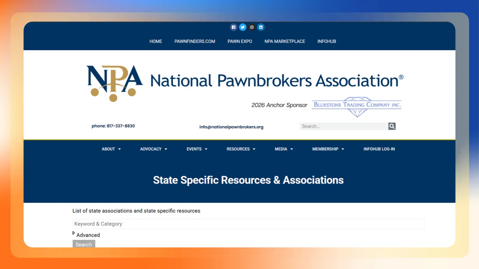 National Pawnbrokers Association website showing a directory of state-specific resources and associations with a keyword search field