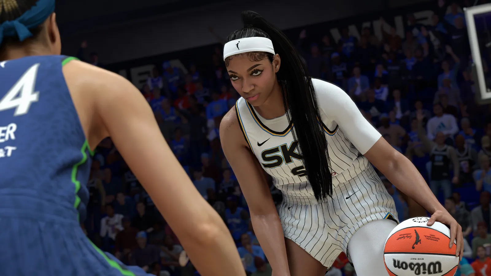 NBA 2K26 wnba player dribbling ball against defender closeup