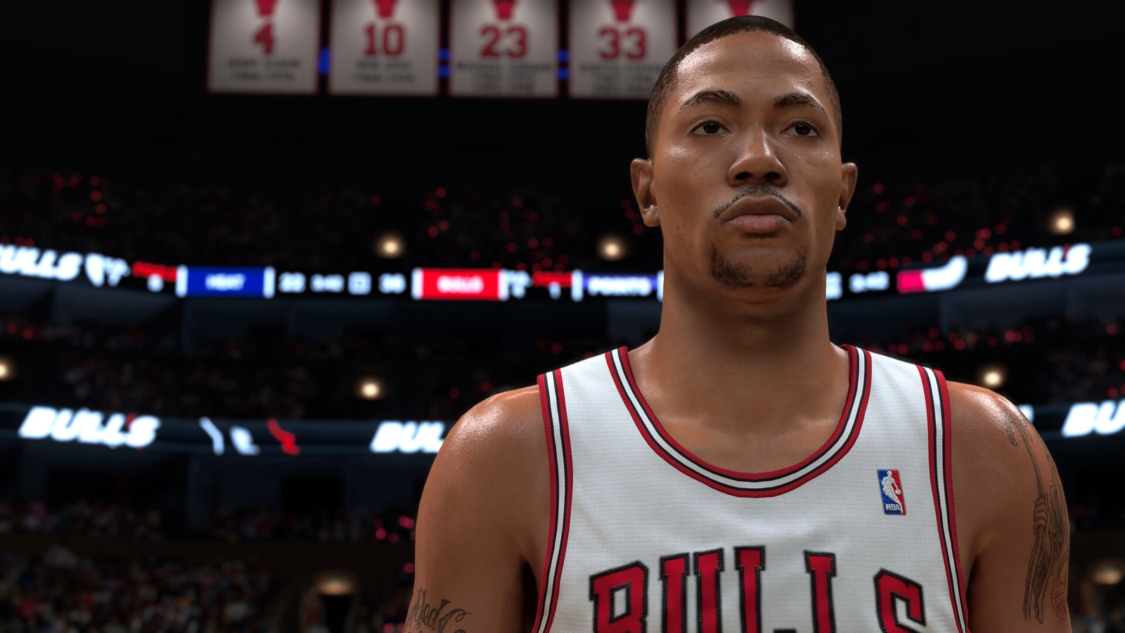 NBA 2K27 bulls player close up portrait under retired jerseys
