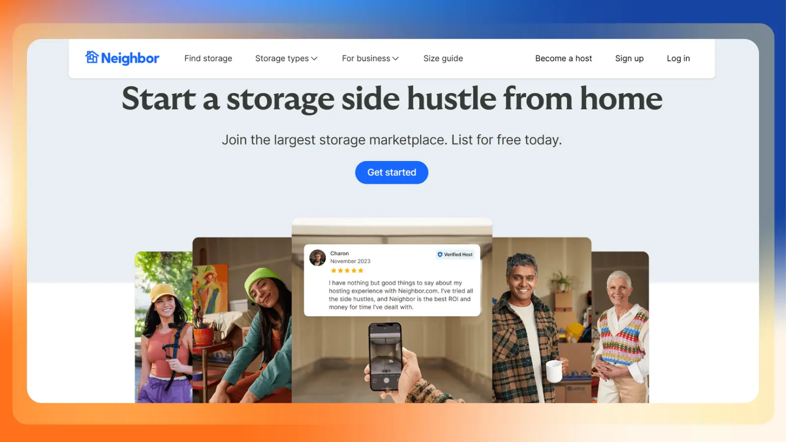 Neighbor website promoting a home storage side hustle, with a collage of people and storage spaces