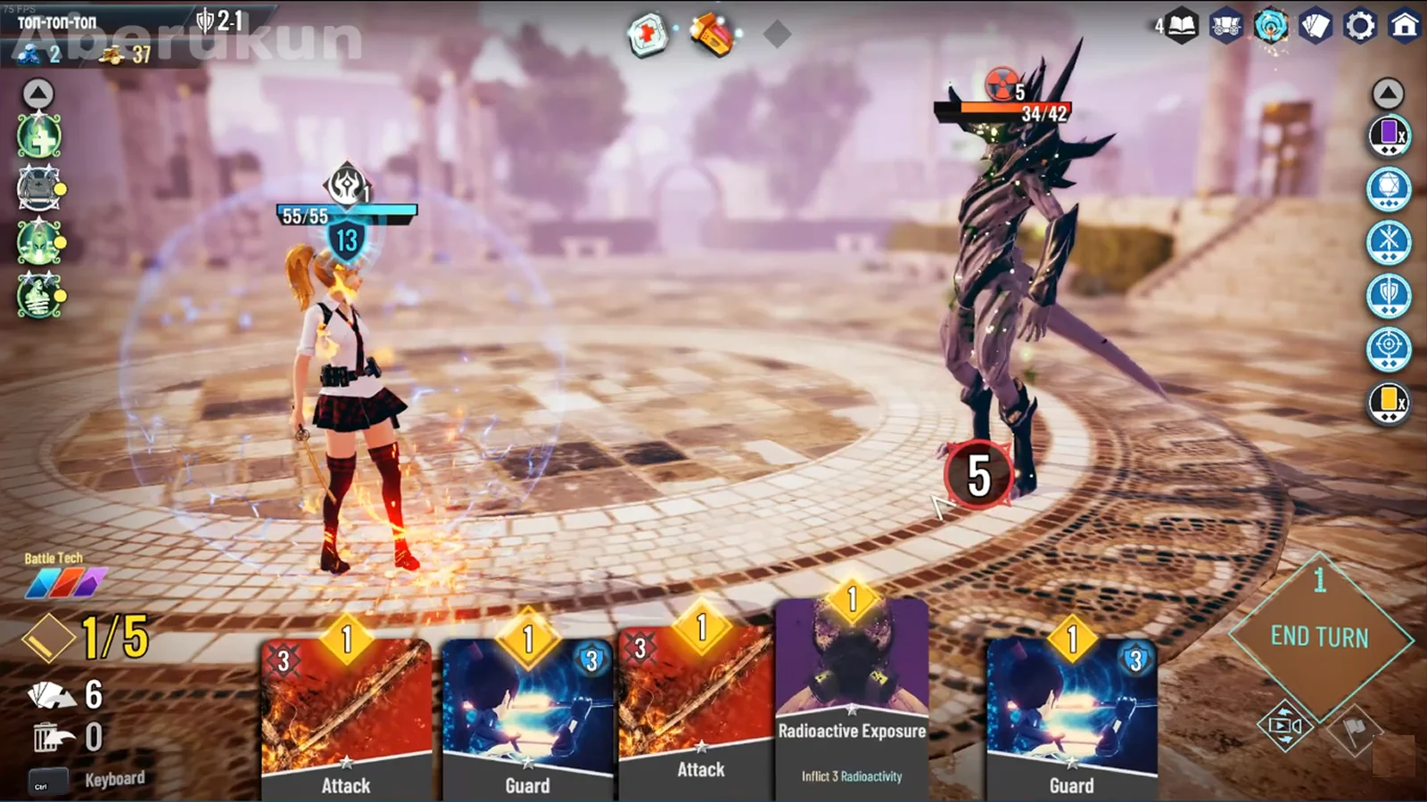 Neoverse - O melhor jogo semelhante ao Slay the Spire para a construção de baralhos em 3D - Um jogador usa cartas para comandar uma guerreira estudante contra um monstro alienígena cheio de espinhos numa batalha por turnos