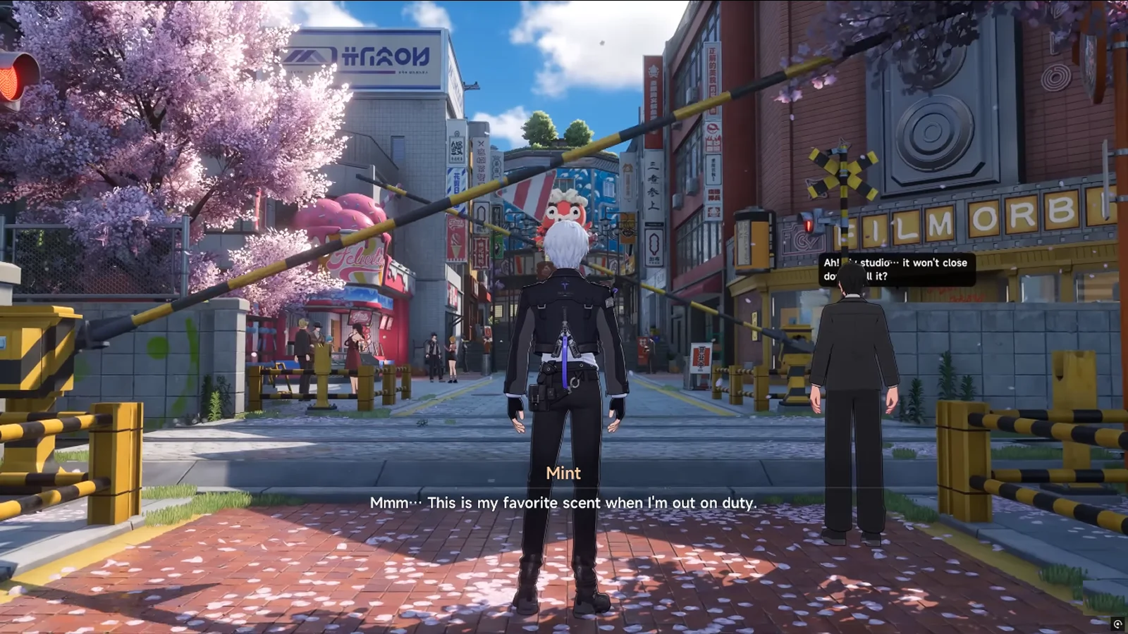 Da Neverness a Everness - Una visuale in terza persona di un personaggio in stile anime in piedi su una strada della città durante una scena di dialogo