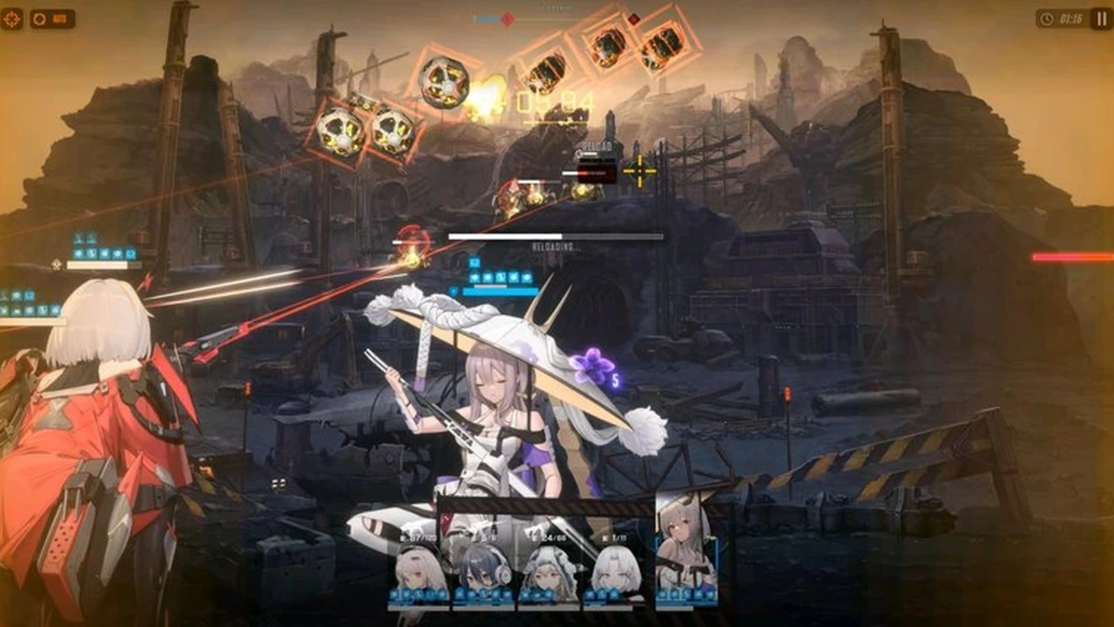 A squad fires at mechanical enemies in a ruined industrial wasteland